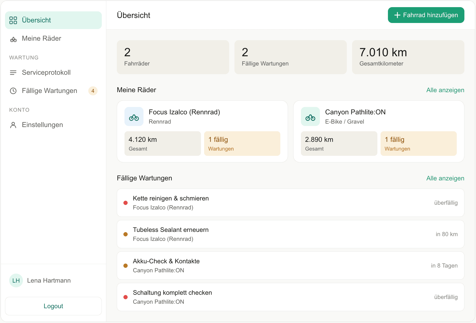 BikeLog Dashboard Vorschau